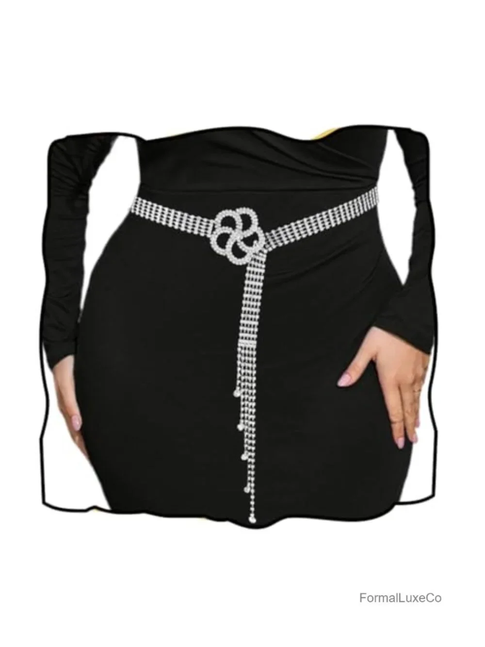 Sparkle Rhinestone Waist Belt with Camellia Buckle and Tassels